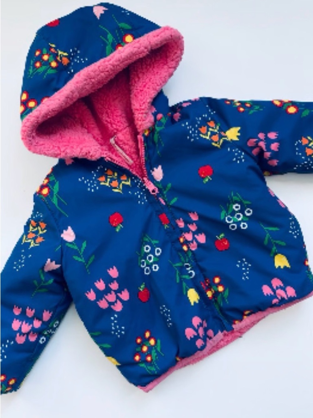 Hanna Andersson Blue Floral Puffer Jacket with Pink Sherpa Lining Reversible